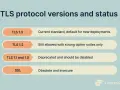 Infographic showing TLS protocol versions and status, highlighting TLS 1.3 as the current standard for a secure TLS upgrade.