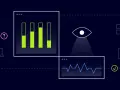 Visualizing security monitoring definition: an eye watches data streams, showing graphs and network activity, with devices and a checkmark indicating system health.