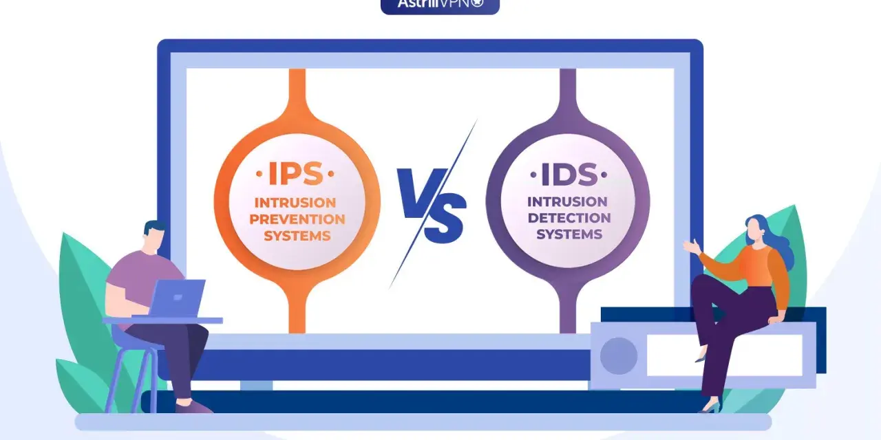 Illustration comparing IPS (Intrusion Prevention Systems) and IDS (Intrusion Detection Systems), highlighting their difference in cybersecurity.