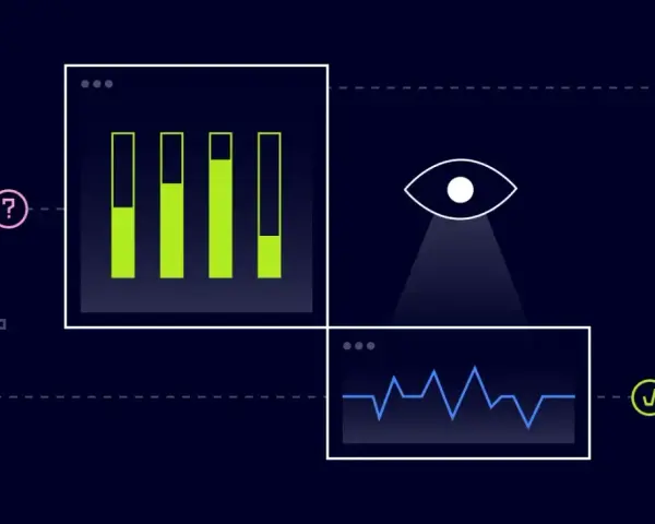 Visualizing security monitoring definition: an eye watches data streams, showing graphs and network activity, with devices and a checkmark indicating system health.