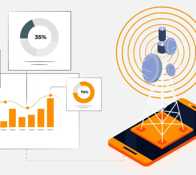 Data charts and graphs illustrate network optimization in telecom, showing signal strength from a tower to a smartphone.