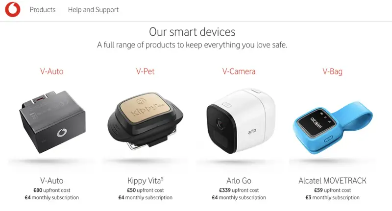 Explore new IoT devices: V-Auto for cars, Kippy Vita for pets, Arlo Go camera, and Alcatel MOVETRACK for tracking.