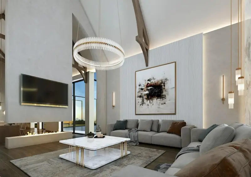 Modern living room with a fireplace, large TV, and abstract art. This space embodies smart home living with seamless iot automation.