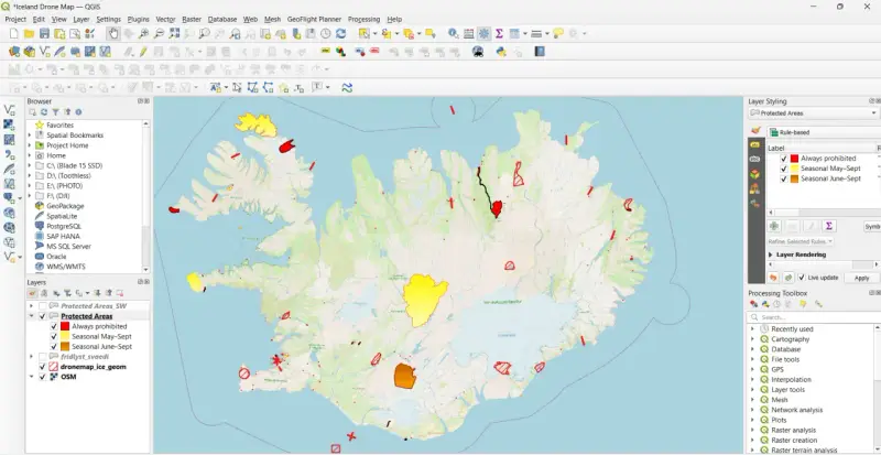 Map of Iceland showing protected areas with drone flight restrictions, indicating areas always prohibited, and seasonal restrictions for May-Sept and June-Sept.